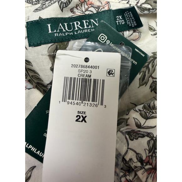 Lauren Ralph Lauren Womens Floral Button Shirt 2X Cotton Blouse Cream New - Picture 7 of 9